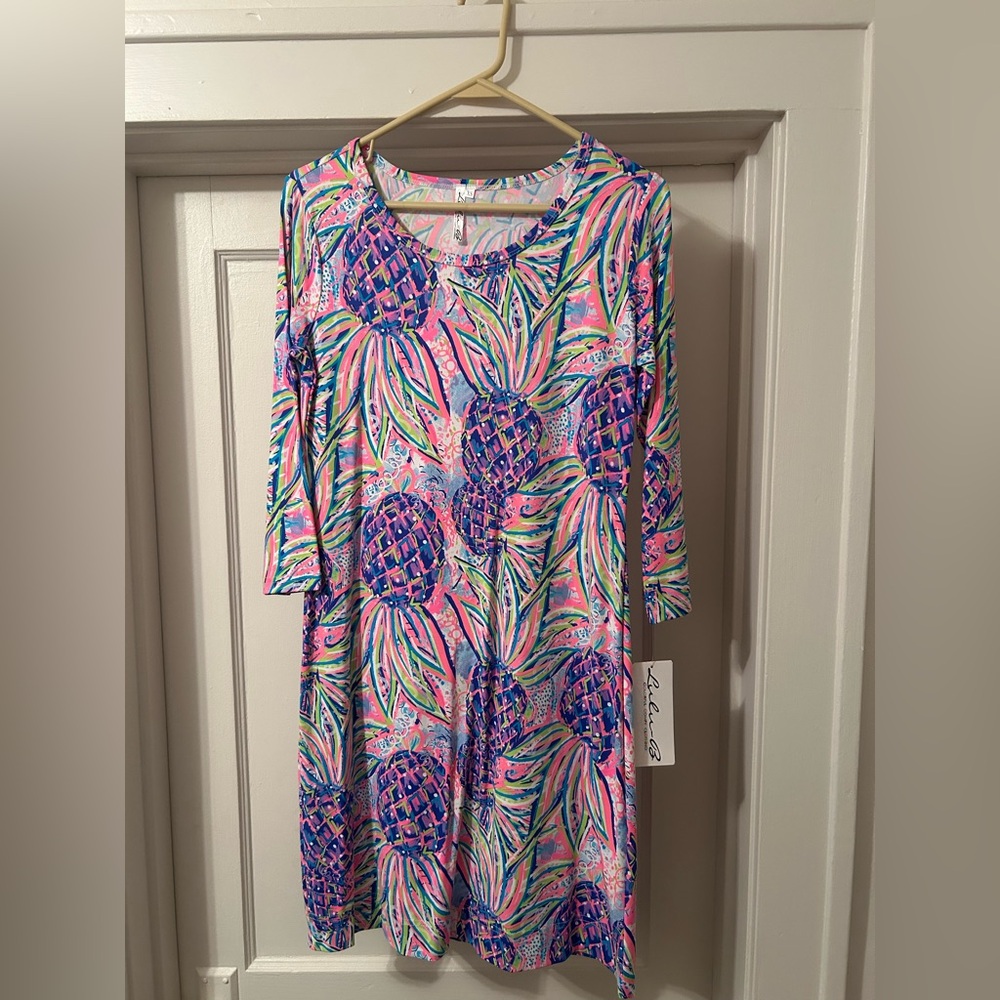 Lulu-B Tropical Print Dress with Pink and Blue